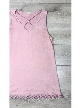 Jodifl V-Neck Faux Suede Mini Shift Dress Crocheted Lace Trim Dusty Pink